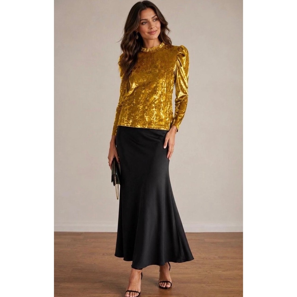 Moodie Women Mustard Gold Crushed Velvet Puff Sleeve Ruffle Neck Blouse M10174 L